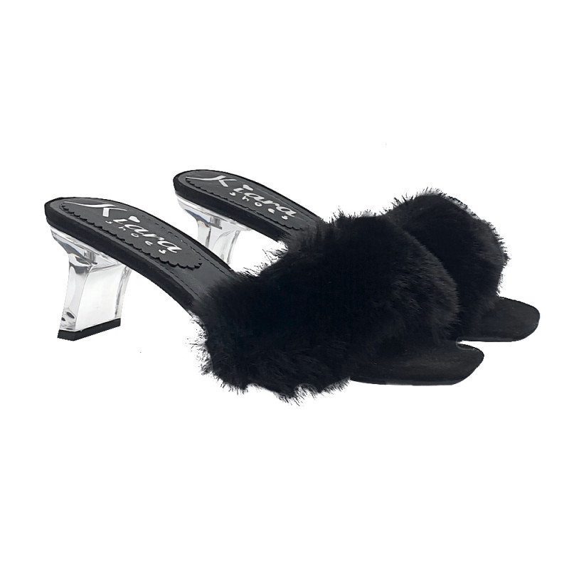 SEXY BLACK CLOGS WITH FUR AND TRANSPARENT HEEL