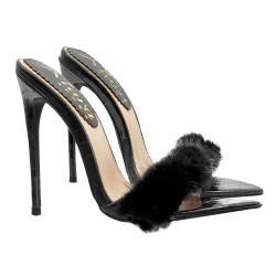 SEXY BLACK POINTED SANDALS WITH FUR