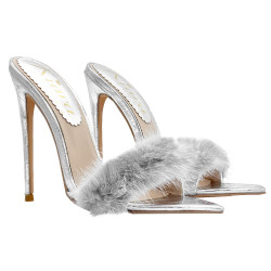 SEXY SILVER POINTED SANDALS WITH FUR