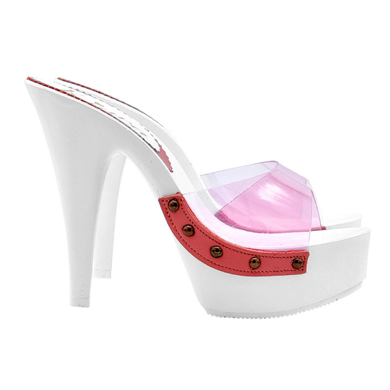 WHITE FETISH SANDALS WITH PINK TRANSPARENT BAND