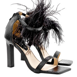 SEXY BLACK SANDALS WITH SQUARE TOE FEATHERS