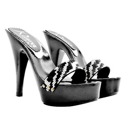 BLACK FETISH CLOGS WITH ZEBRA-EFFECT STRASS BAND