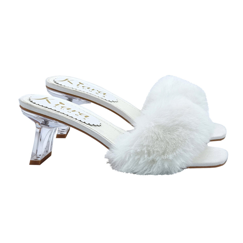 SEXY WHITE CLOGS WITH FUR AND TRANSPARENT HEEL