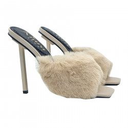 BEIGE FETISH SANDALS WITH SYNTHETIC FUR AND HEEL 13
