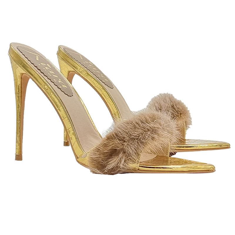 Sexy Golden Sandals with Stiletto Heel and Fur - KC14 ORO