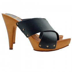 Leather mules with crossed bands - Heel 11 - MY32120 NERO